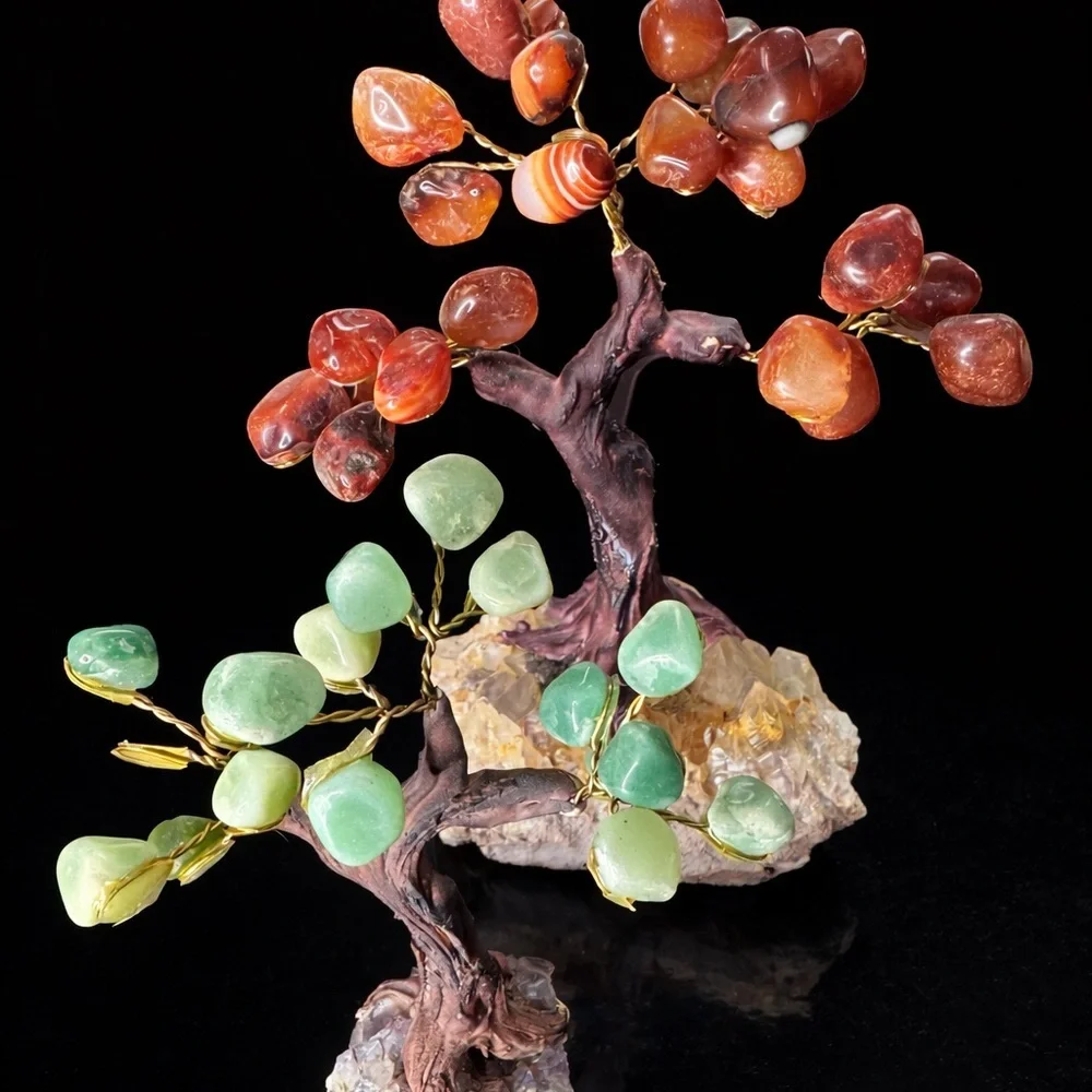 Crystal gem tree set. Green aventurine and carnelian. on an amethyst base.